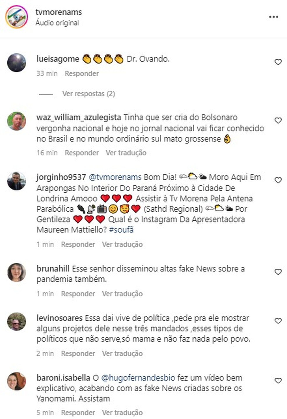 Comentário foi deixado no Instagram da TV Morena  — Foto: Redes Sociais