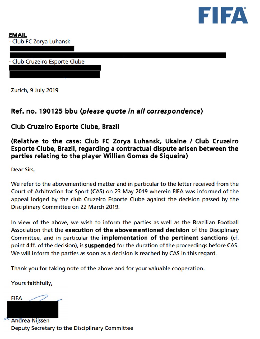Carta da Fifa enviada ao Cruzeiro e ao Zorya sobre o recurso no TAS/CAS — Foto: Reprodução