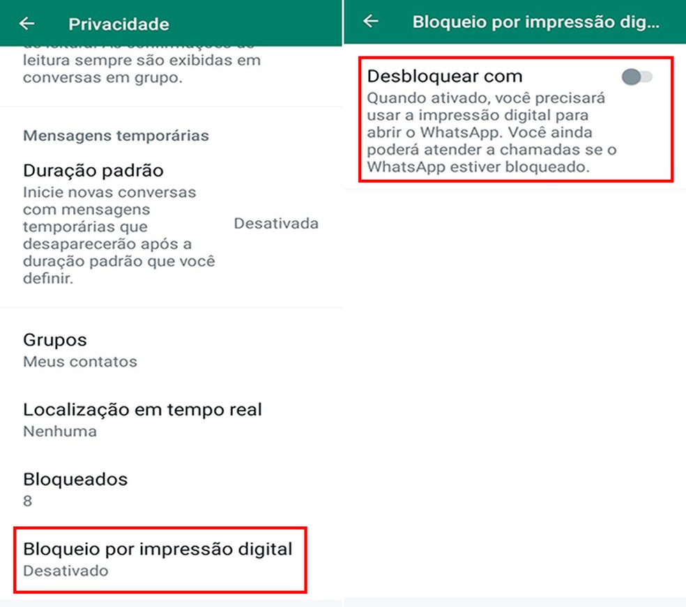 Bloqueio por impressão digital no WhatsApp pode trazer mais privacidade e segurança às conversas  — Foto: Reprodução/Flávia Fernandes