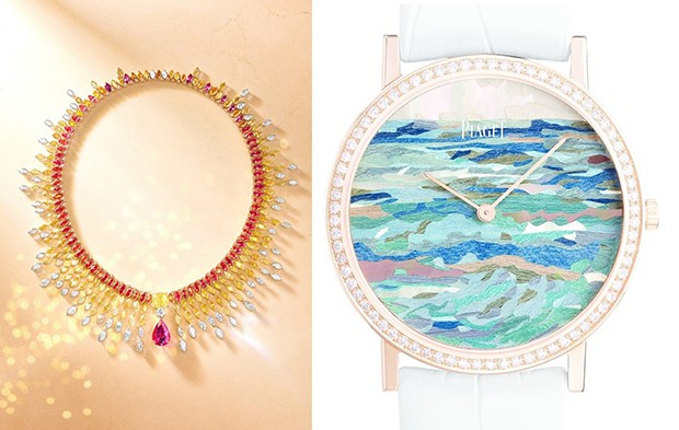 Left: Piaget's Sunlight Journey Sunburst necklace in 18-carat red, pink and yellow gold and platinum set with a pear-shaped red spinel from Tanzania and a yellow diamond, red spinels, yellow diamonds and diamonds; Right: Infinite Waves watch dial made of wood, mother-of-pearl and parchment marquetry and 18-carat pink gold set with 78 brilliant-cut diamonds. It's one of a limited edition of eight pieces. (Foto: PIAGET )