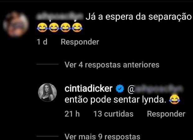 Cintia Dicker responde a seguidores (Foto: Reprodução/Instagram)