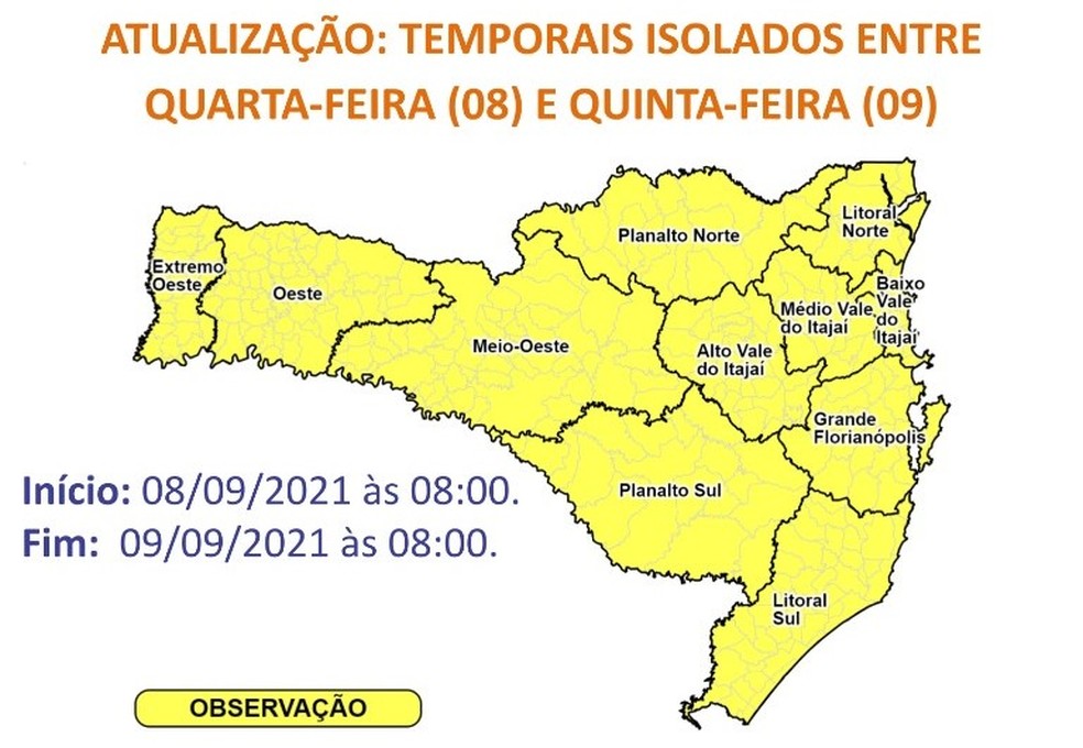 Comunicado sobre temporais isolados em SC — Foto: Defesa Civil/Divulgação