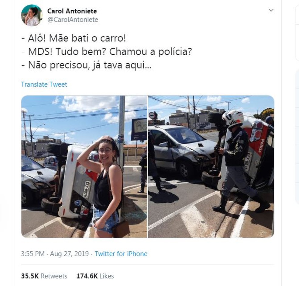 Motorista brinca após bater carro em viatura da polícia em Franca, SP — Foto: Twitter/Reprodução