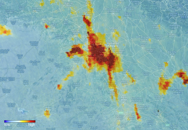 Poluição atmosférica sobre a cidade de Delhi, na Índia, foi capturada no dia 10 de novembro pelo satélite Sentinel-5P da missão Copernicus (Foto: ESA)