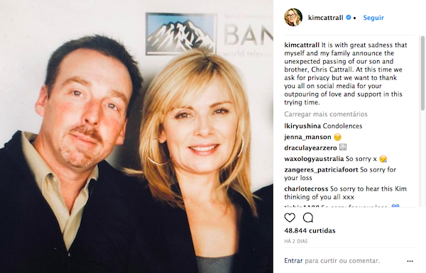 O post no qual Kim Cattrall tornou público a morte do irmão e no qual recebeu o apoio de Sarah jessica Parker (Foto: Instagram)