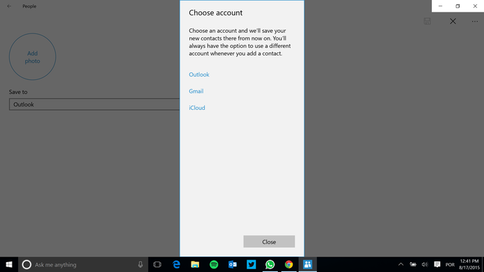 Usuário deve escolher a conta principal do telefone antes de criar contato no Windows 10 (Foto: Reprodução/Elson de Souza)