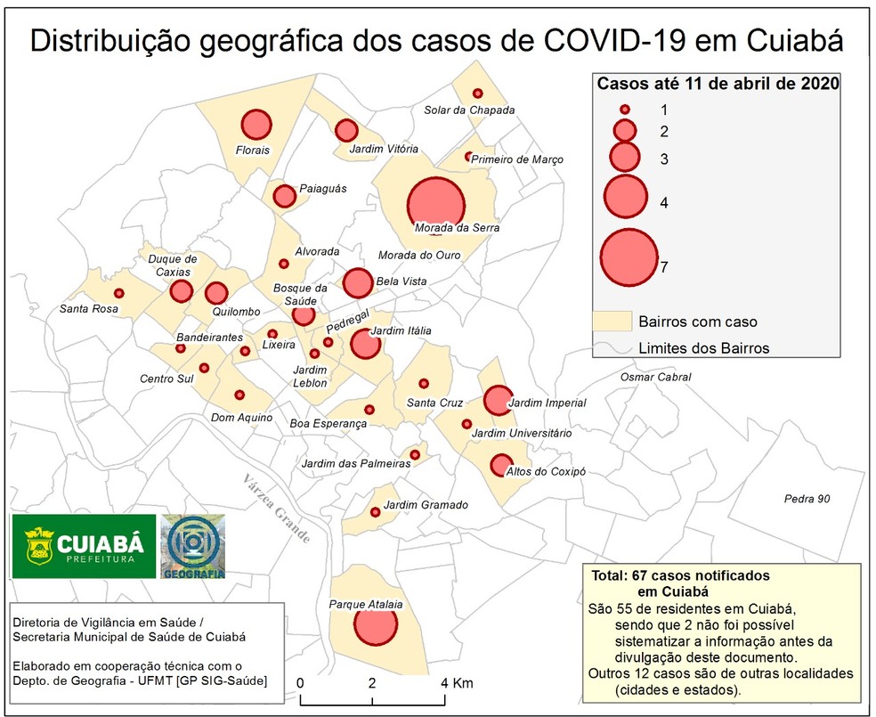 Incidência dos casos da Covid-19 em bairros de Cuiabá até sábado (11) — Foto: Divulgação