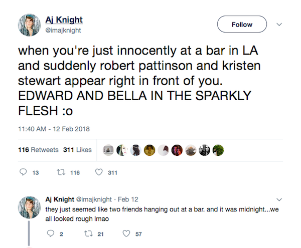 O relato do ator que alega ter visto Robert Pattinson e Kristen Stewart juntos em um bar de Los Angeles (Foto: Twitter)