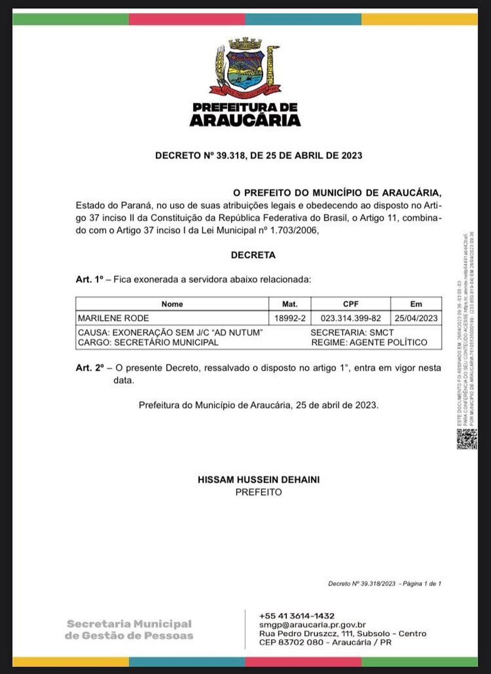 Diário Oficial do município de Araucária publica exoneração de sogra do prefeito Hissam Hussein  — Foto: Reprodução 