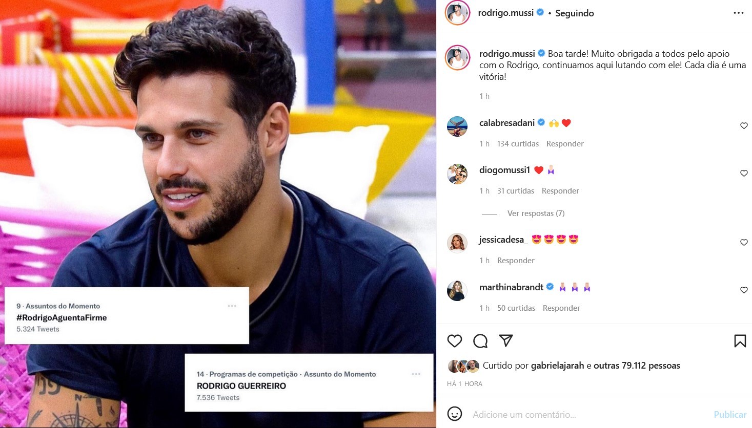 Adms de Rodrigo agradecem apoio dos fãs ao ex-BBB (Foto: Reprodução/Instagram)