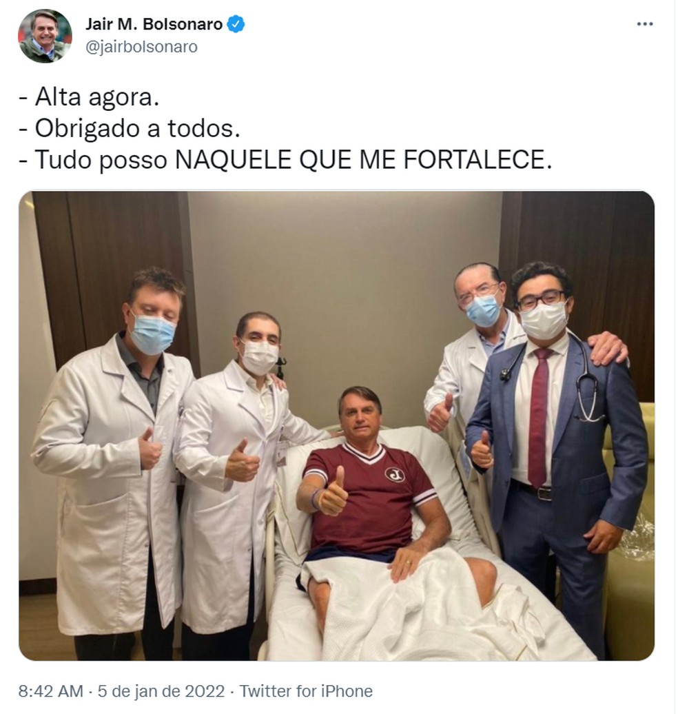 Postagem do presidente Jair Bolsonaro nas redes sociais sobre alta médica — Foto: Reprodução/Redes Sociais