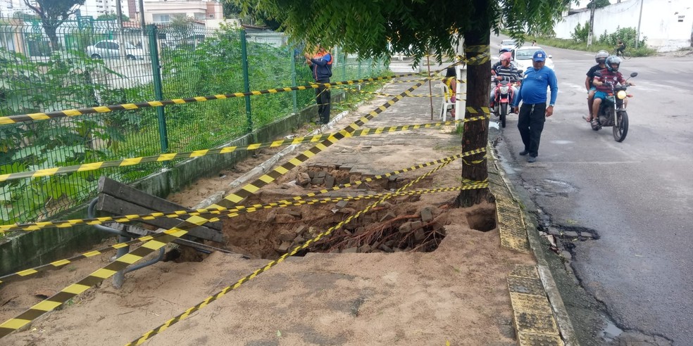Cratera derruba banco e deixa raiz de árvore exposta na avenida Lima e Silva, em Natal.  — Foto: Defesa Civil de Natal/Cedida