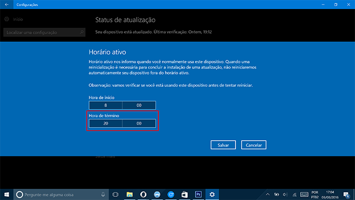 Windows 10 começará a instalar atualizações após término do horário ativo (Foto: Reprodução/Elson de Souza)