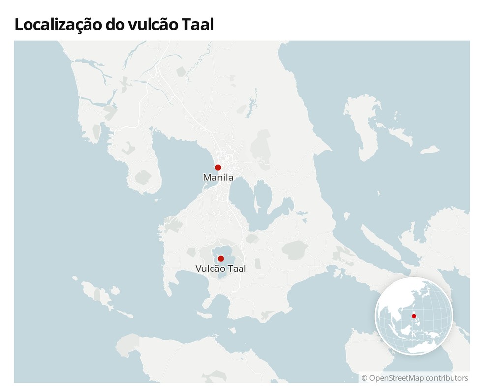 Mapa com a localização de Taal, nas Filipinas, e de Manila, a capital do país — Foto:  G1