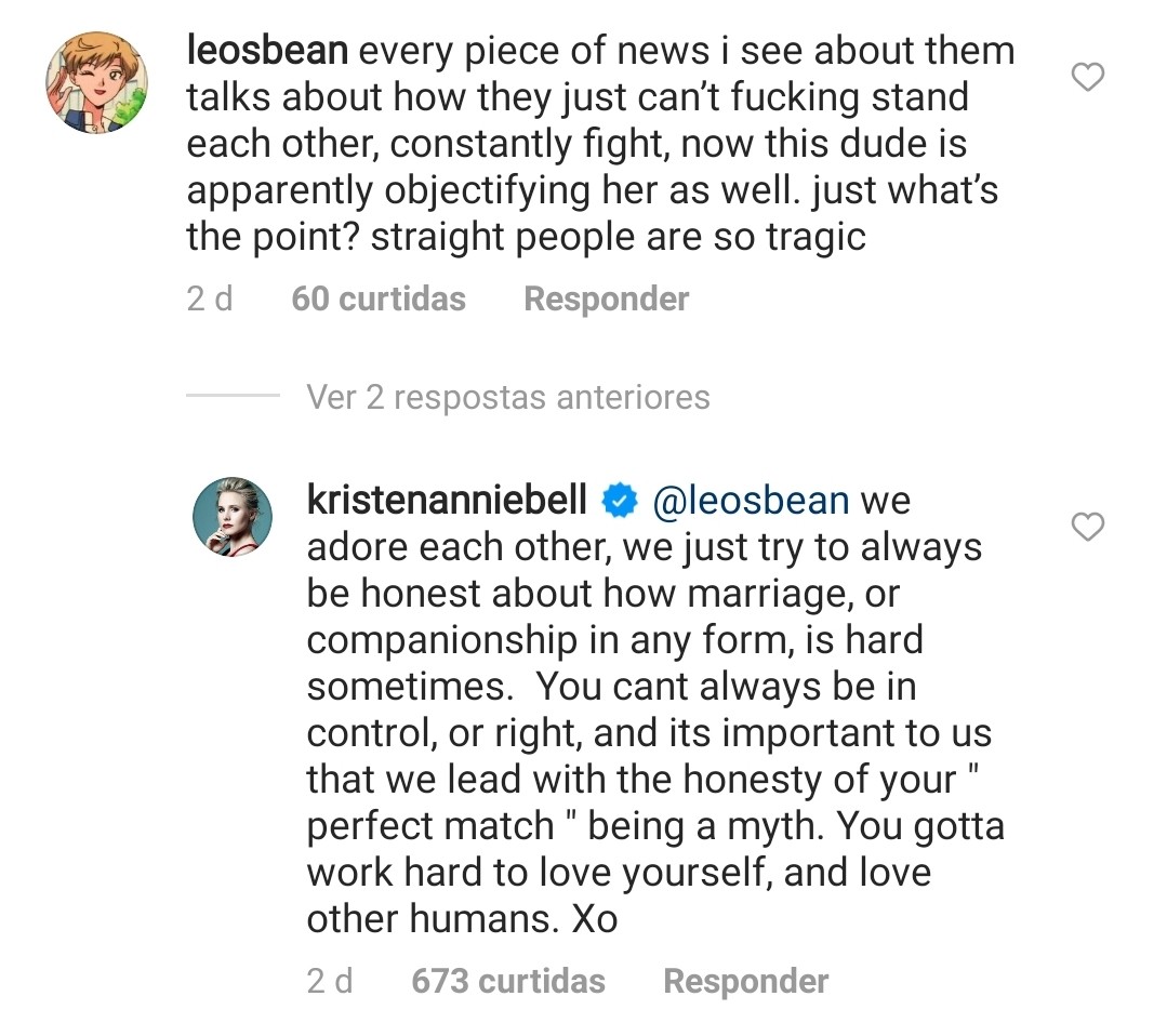 Kristen Bell rebate internauta no Instagram (Foto: Reprodução / Instagram)