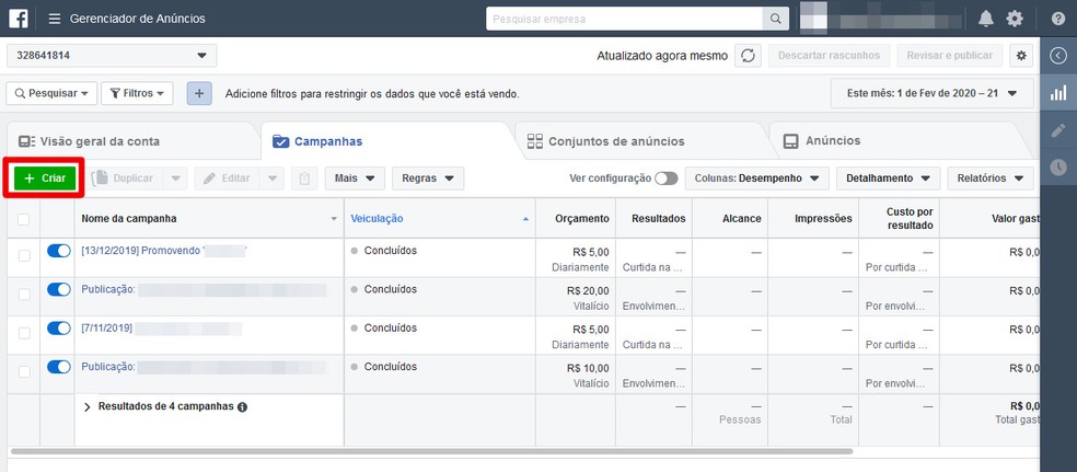 Página de gerenciamento de anúncios veiculados e criação de novos impulsionamentos no Facebook Business — Foto: Reprodução/Thiago Siqueira