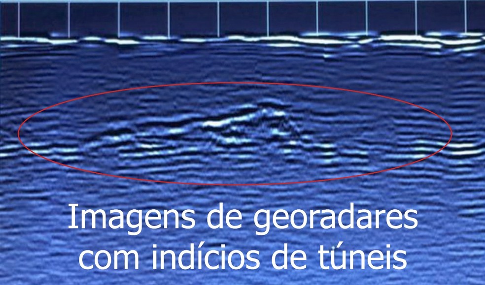 Grupo de geólogos da UFRGS estudou a região onde o túnel passaria, e encontrou vazios, que podem sinalizar presença da estrutura — Foto: Reprodução