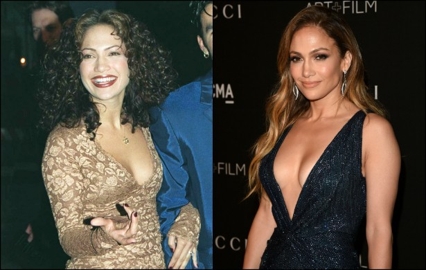 Jennifer Lopez tinha 27 anos na foto à esquerda, clicada em abril de 1997. Hoje a musa porto-riquenha tem 45 e não apenas mantém o corpaço em dia como adotou um estilo mais discreto (além de maquiagem bem mais leve). (Foto: Getty Images)