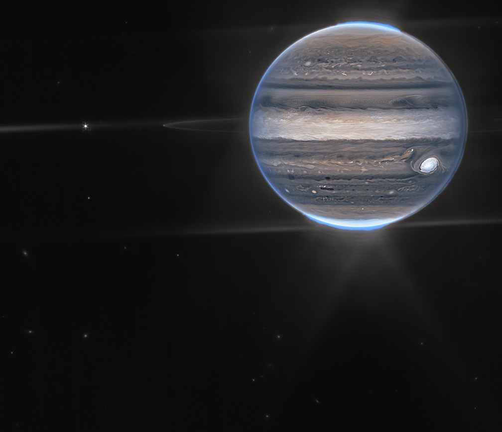 Júpiter, suas luas e seus anéis, vistos pelo supertelescópio James Webb — Foto:  NASA, ESA, CSA, Jupiter ERS Team; image processing by Ricardo Hueso (UPV/EHU) and Judy Schmidt.