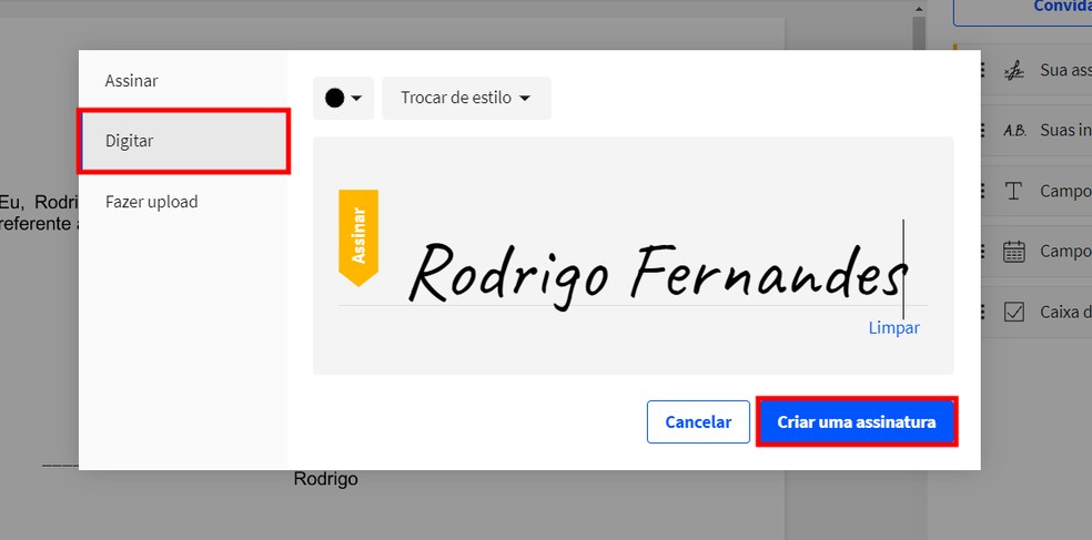 Assinar doc PDF: site Small PDF permite criar assinatura automática ao digitar nome no PC — Foto: Reprodução/Rodrigo Fernandes