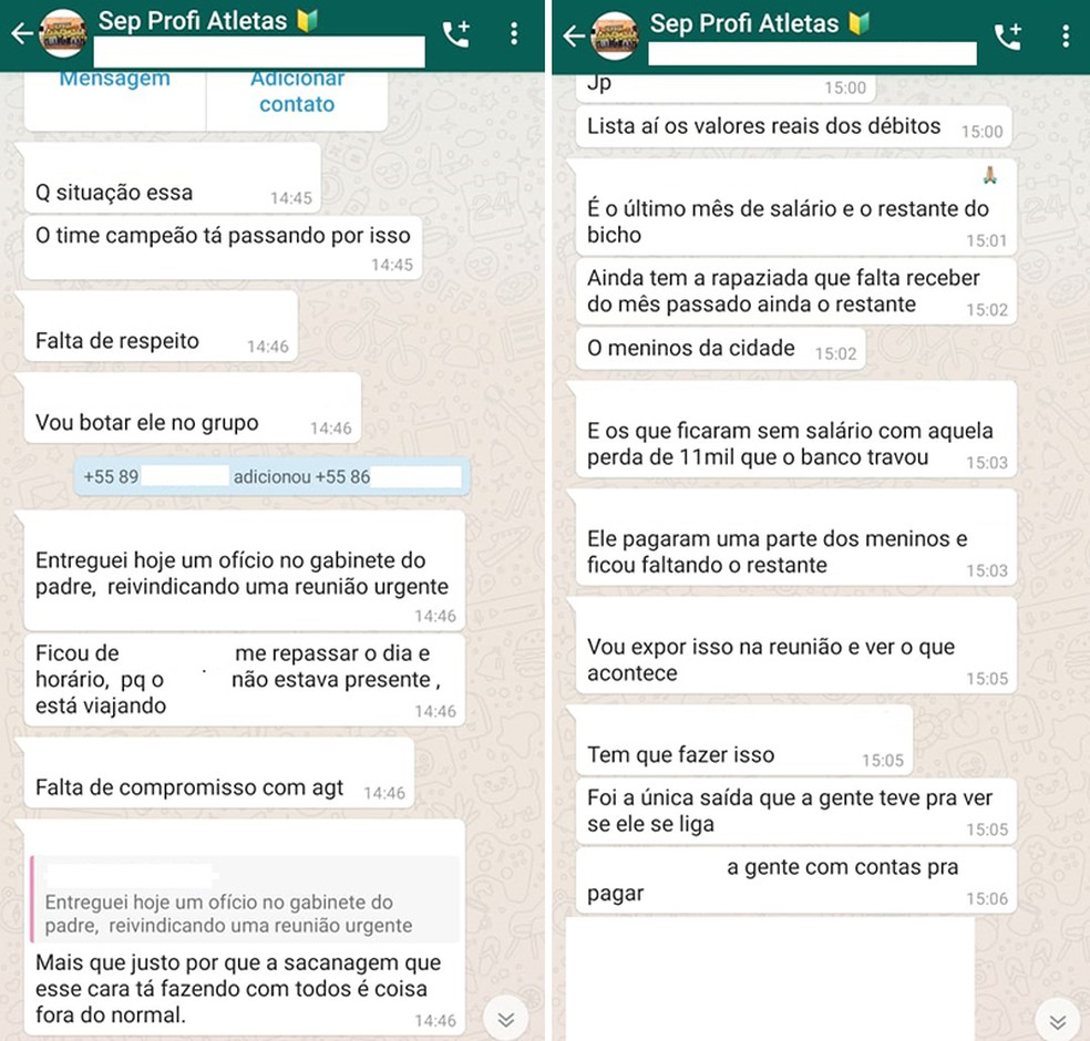 Jogadores do Picos desabafam em grupo no Whatsapp — Foto: Reprodução
