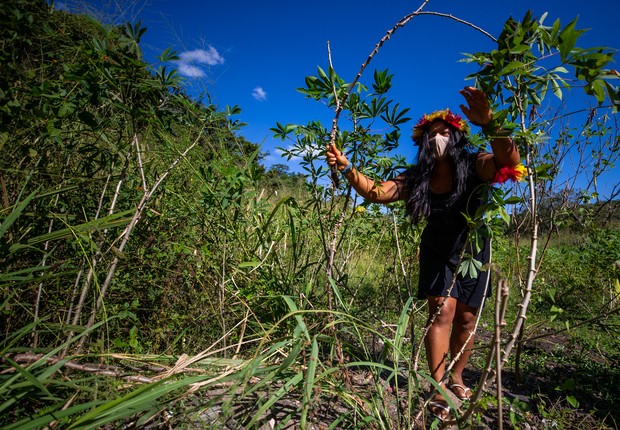 Mulher da tribo Guarani Mbyá trabalha de máscara durante pandemia, na Aldeia Mata Verde Bonita, em Maricá (Foto: Buda Mendes/Getty Images)