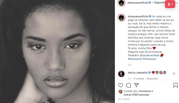 Elza Soares parabeniza Taís Araujo pelos 42 anos (Foto: Reprodução/Instagram)