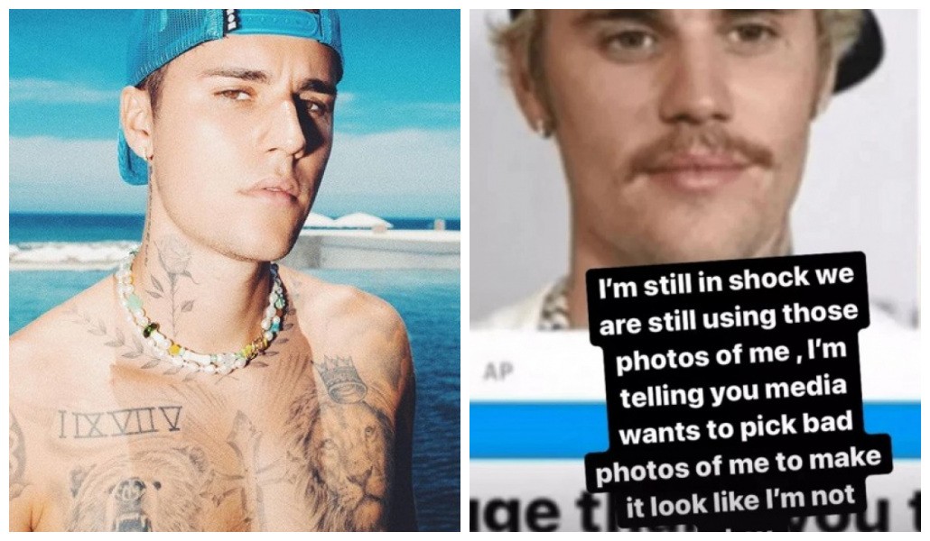 O músico Justin Bieber e um dos posts feitos por ele reclamando das fotos dele escolhidas pela imprensa internacional (Foto: Instagram)