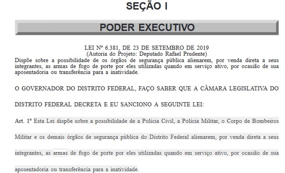 Trecho do Diário Oficial que trata sobre sanção à lei de venda de armas — Foto: DODF/Reprodução