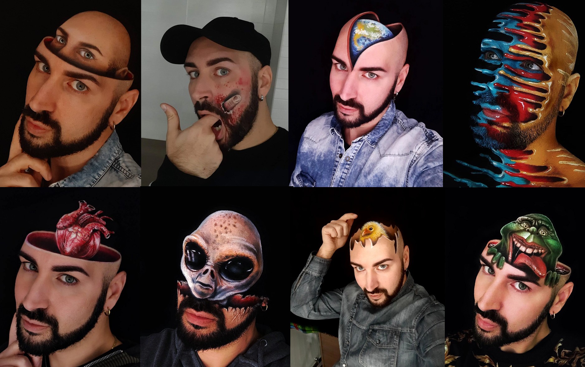 Maquiador italiano faz pinturas em 3D na própria cabeça e diz que nunca frequentou escola de arte