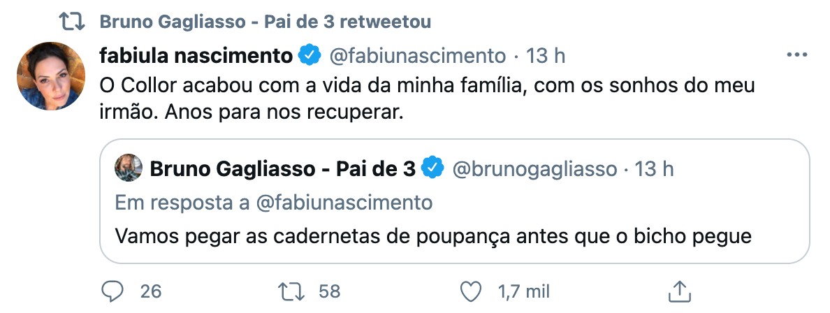 Bruno Gagliasso discute com Fernando Collor no Twitter: "Vai trabalhar" (Foto: reprodução/Twitter)