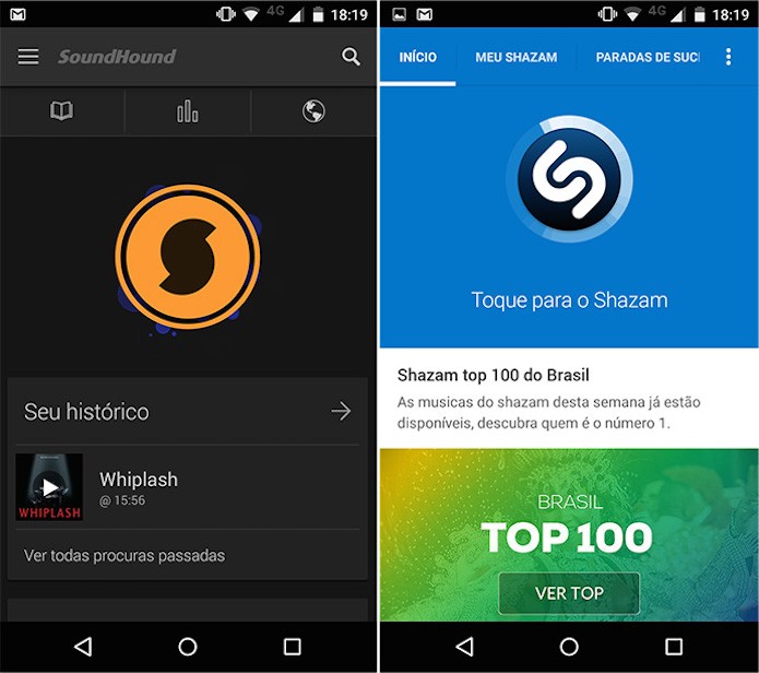 Enquanto o Soundhound usa cores mais escuras, o Shazam optou por padr?es mais claros (Foto: Reprodu??o)