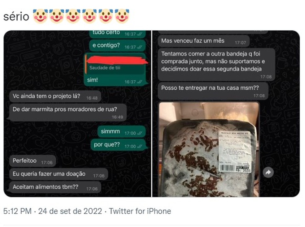 Carne vencida oferecida para projeto que doa comida para pessoas em situação de rua em SC. — Foto: Redes Sociais/Divulgação
