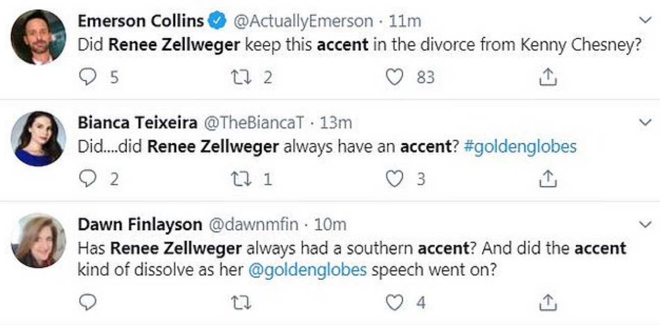 Tuítes de espectadores do Globo de Ouro 2020 comentando os dois sotaques distintos da atriz Renée Zellweger em seu discurso de agradecimento na premiação (Foto: Twitter)