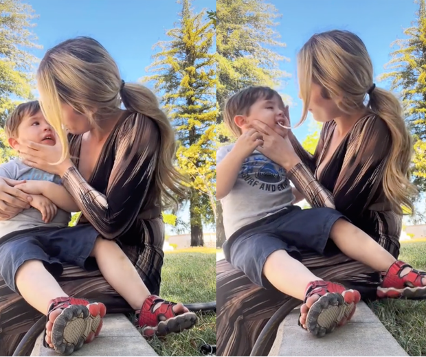 Allie Burch foi chamada na escola para ajudar a tirar uma uva de dentro do nariz do filho (Foto: Reprodução/Tiktok)