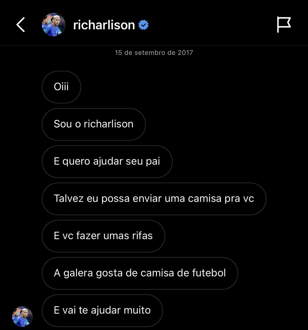 Mensagens de Richarlison oferecendo camisa para ajudar a pagar cirurgia de homem com Parkinson — Foto: Reprodução/Instagram