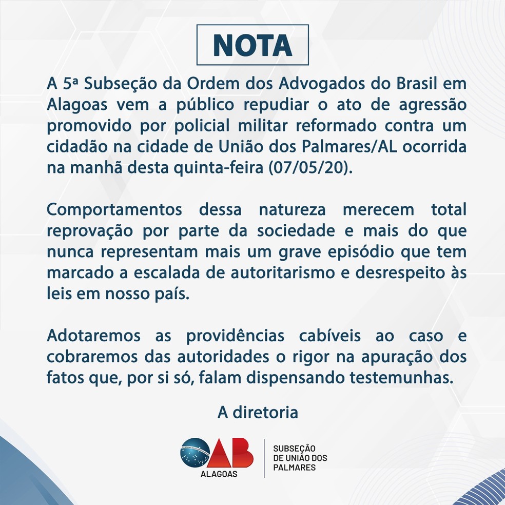 OAB-AL emite nota sobre caso de polícia militar reformado que agrediu jovem em União dos Palmares, AL — Foto: Divulgação/OAB-AL