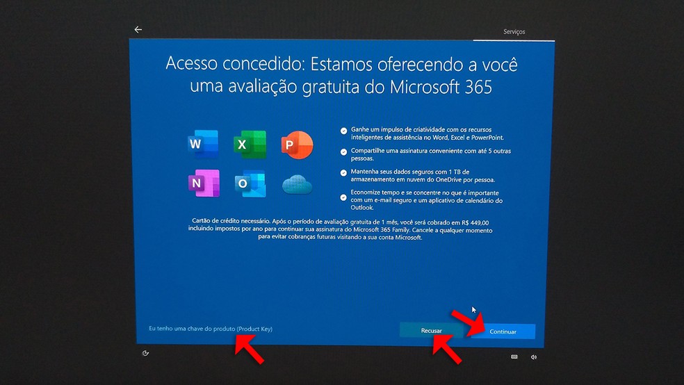 Durante a configuração do Windows 10, é oferecido ao usuário uma avaliação gratuita do Microsoft 365 — Foto: Reprodução/Rafael Leite