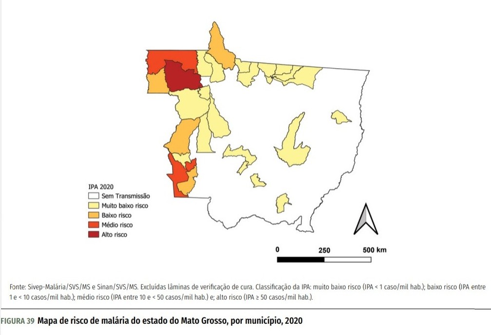 Mapa de risco de malária do estado do Mato Grosso, por município, 2020 — Foto: Ministério da Saúde