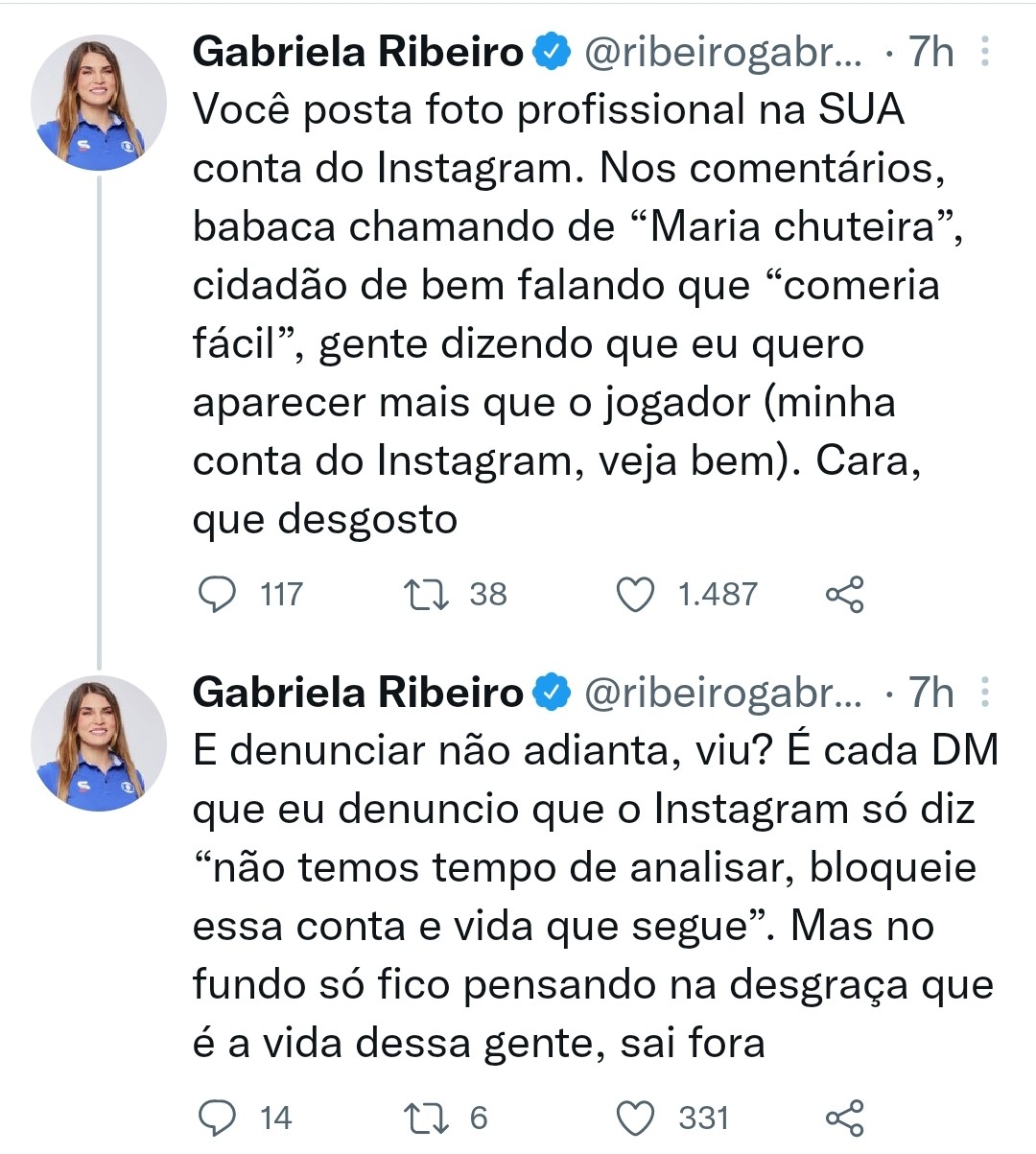 Gabriela Ribeiro desabafa após receber comentários machistas (Foto: Twitter / Reprodução)