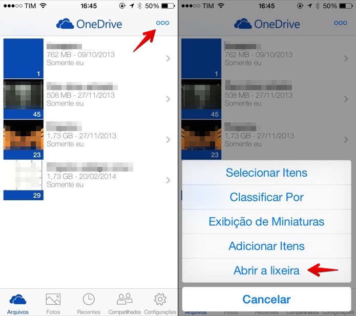 Acessando a lixeira do OneDrive no iOS (Foto: Reprodução/Helito Bijora)