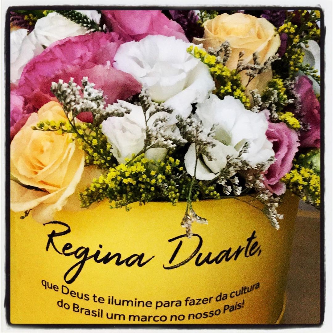 Regina Duarte é recepcionada com flores em seu primeiro dia no gabinete da Secretaria da Cultura (Foto: Reprodução/Instagram)