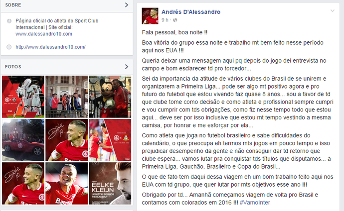 D'Alessandro D'Ale post Primeira Liga Inter Internacional  (Foto: Reprodução)
