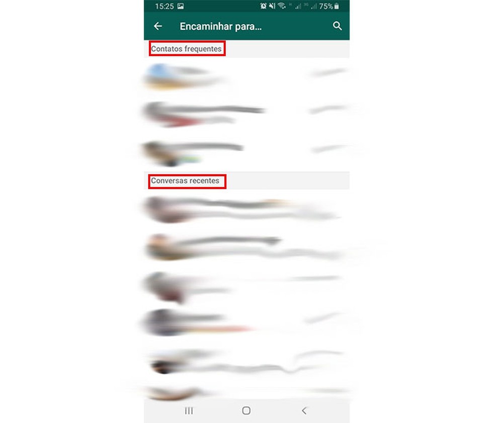 Será exibida uma lista com os contatos frequentes e recentes no WhatsApp — Foto: Reprodução/Fernanda Lutfi