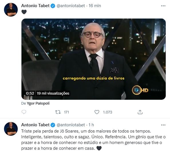 Antonio Tabet lembrou de contato pessoal com Jô Soares (Foto: Reprodução / Twitter)