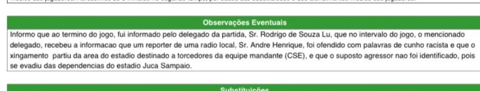 Registro do caso de racismo na súmula do jogo CSE x Cruzeiro-AL  — Foto: FAF