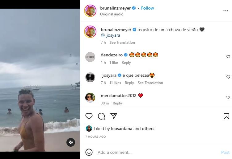 Bruna Linzmeyer toma banho de chuva em praia de Salvador e marca presença no ensaio de verão do Olodum
