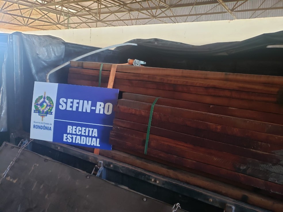 Dois caminhões carregavam madeira sem documento e foram interceptados em Vilhena (RO) — Foto: Divulgação/Sefin