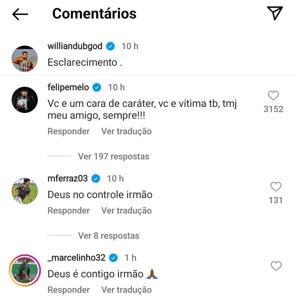 Jogadores do Fluminense se solidarizam com Willian Bigode — Foto: Reprodução / Instagram
