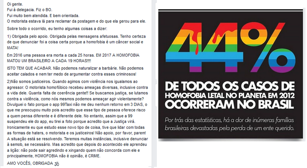 Professora destacou os dados alarmantes sofre a homofobia no paÃ­s (Foto: ReproduÃ§Ã£o/Facebook)